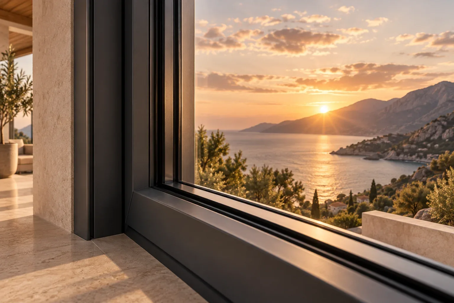 Illustrative close detail of an anthracite PVC window frame