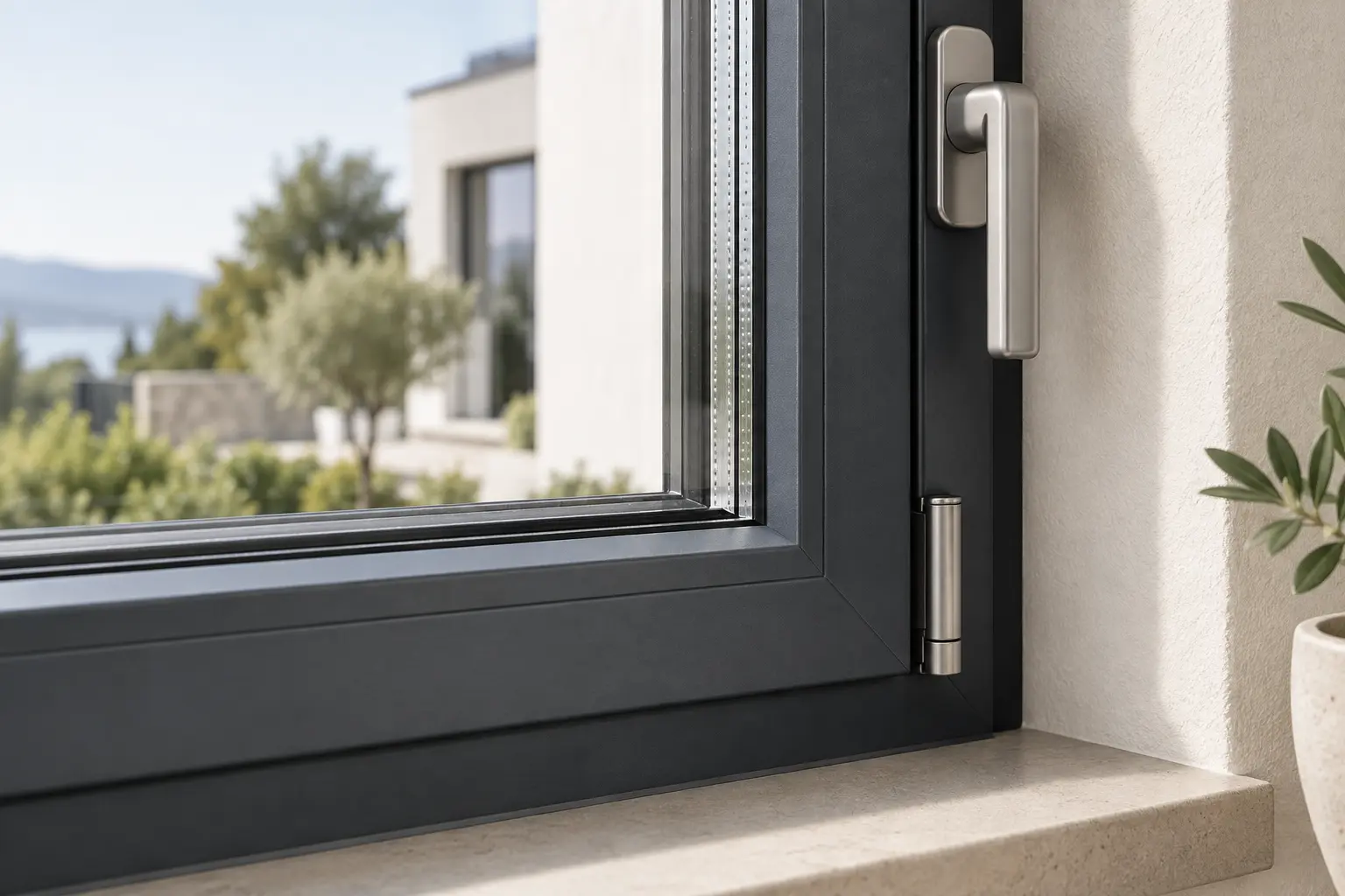 Close detail of insulated glazing, seals, and hardware in an anthracite PVC window