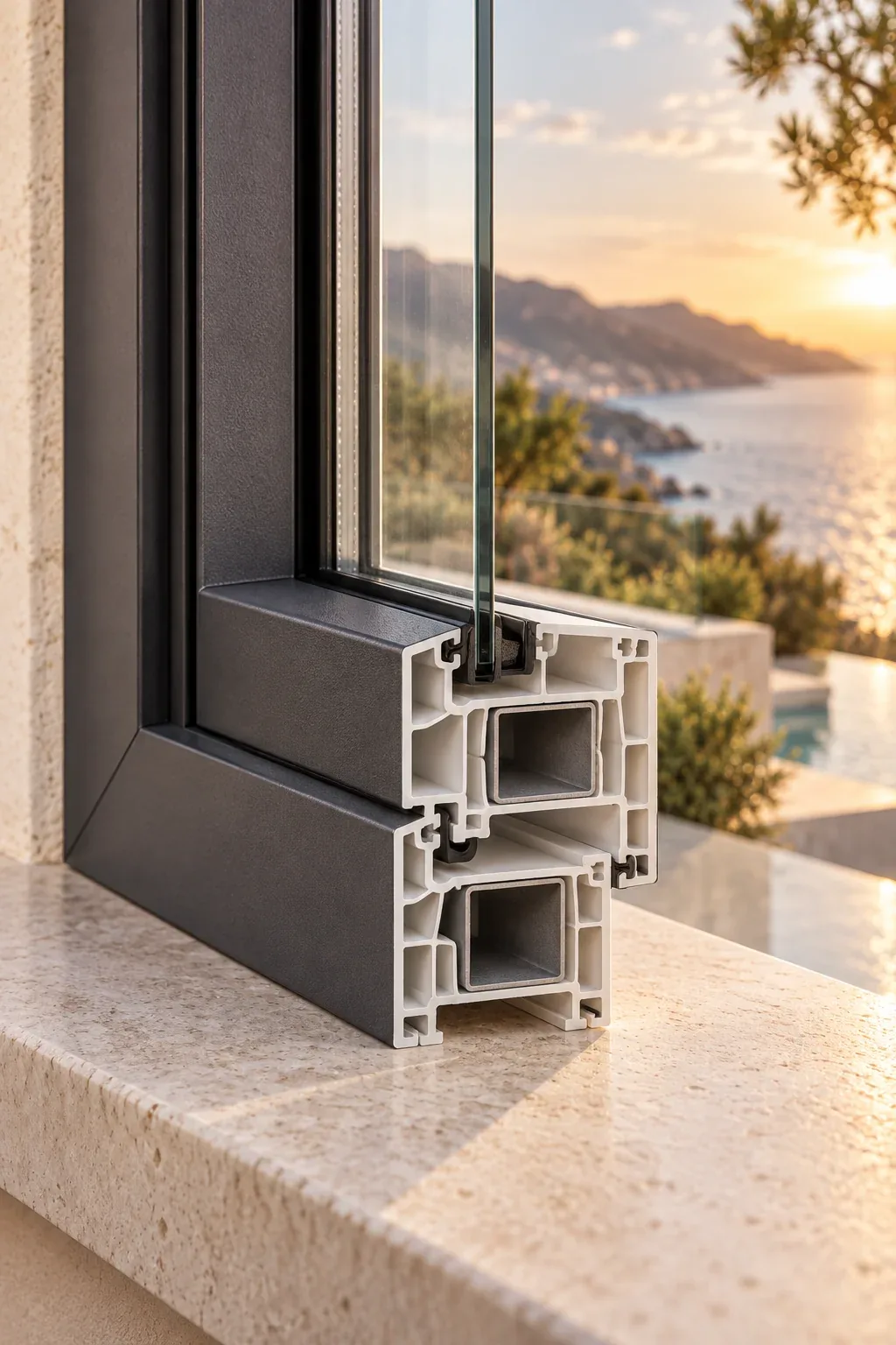 Anthracite PVC window profile with its multi-chamber interior visible